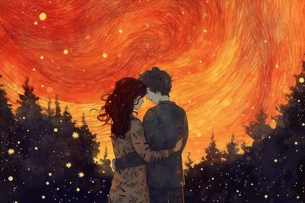 drawing of a couple embracing under a starry night AI generated