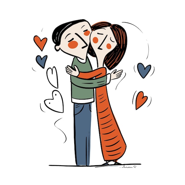 포옹하는 커플과 그 뒤에 심장이 있는 남자의 그림