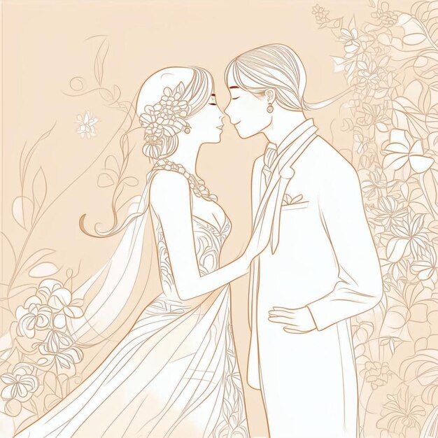 a drawing of a couple in love with a floral background