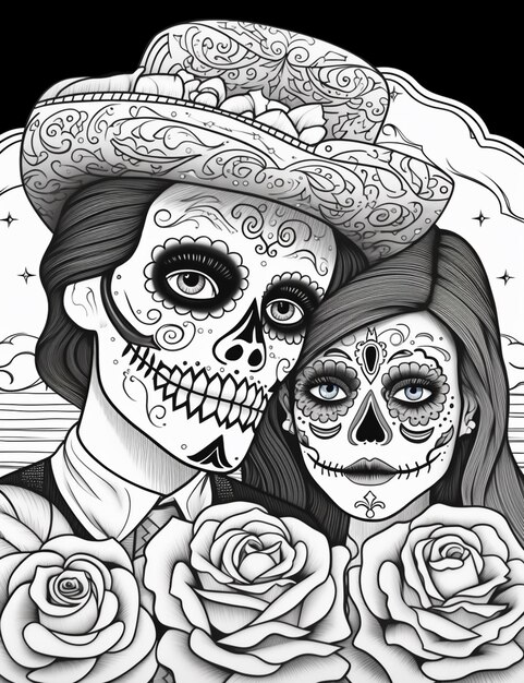 Photo a drawing of a couple of skulls with roses in their hands generative ai