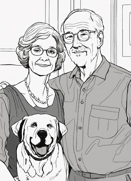 Photo a drawing of a couple and their dog with a picture of them