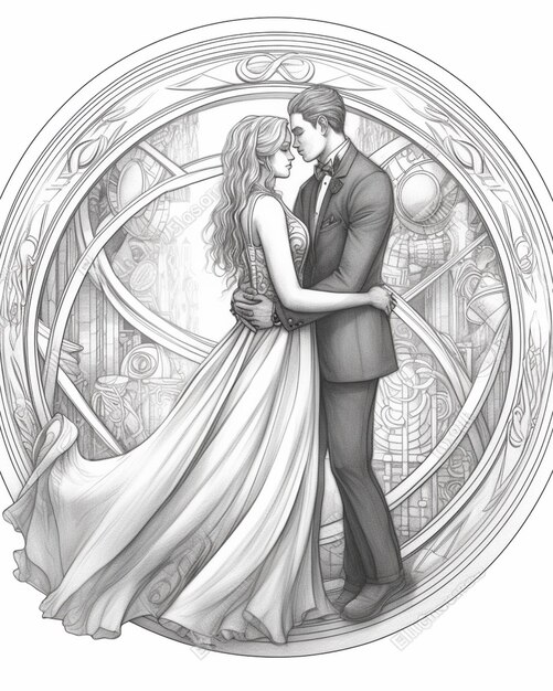 Photo a drawing of a couple in a wedding dress hugging in a circle generative ai