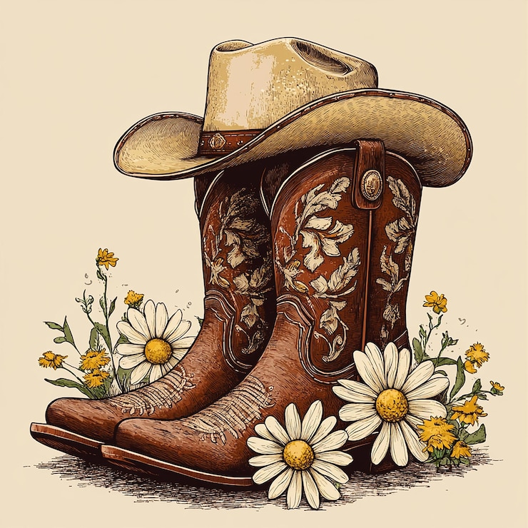 Photo a drawing of a cowboy hat and boots with flowers in the background