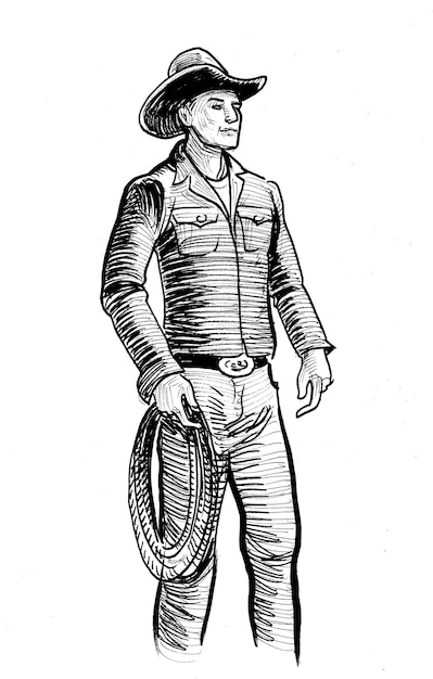 A drawing of a cowboy holding a rope and a hat.