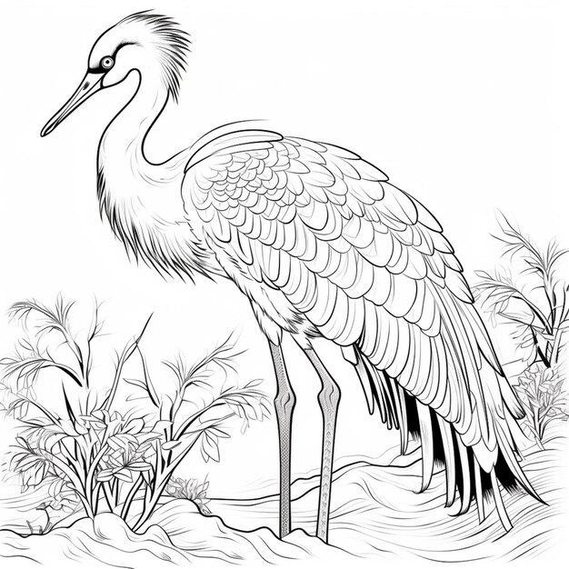 Premium AI Image | a drawing of a crane standing in the water with a ...