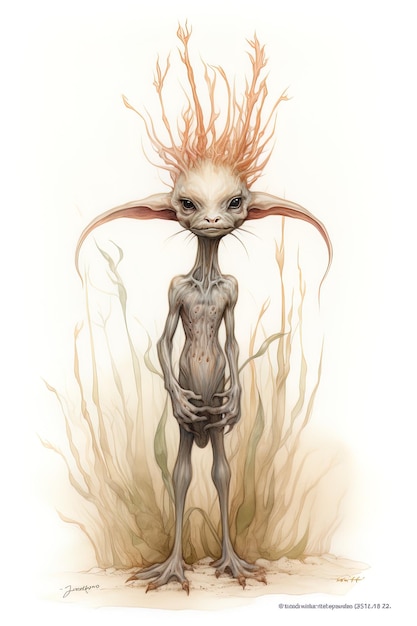 a drawing of a creature with a red head and a long tail.