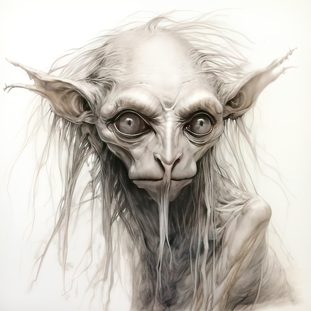 a drawing of a creepy creature with long hair.