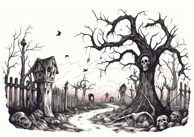 a drawing of a creepy graveyard with a tree and a house generative ai