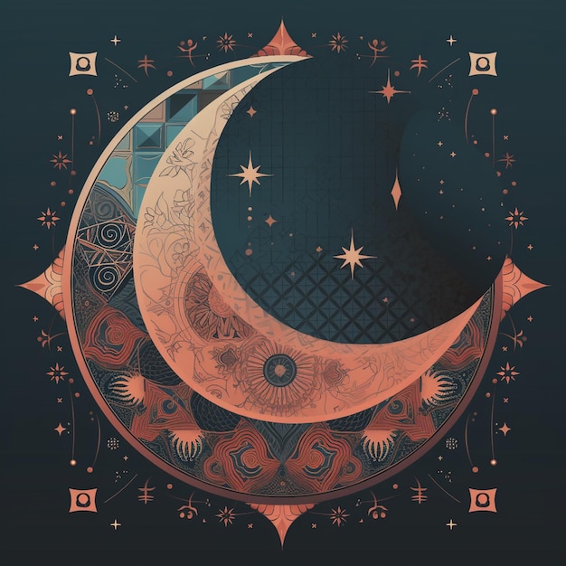 A drawing of a crescent moon with a floral pattern.