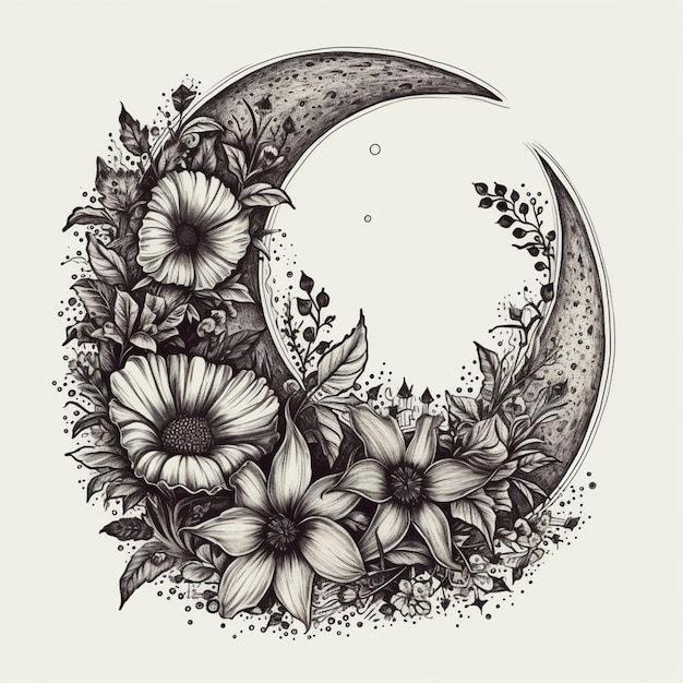 Photo a drawing of a crescent with flowers and leaves on it generative ai