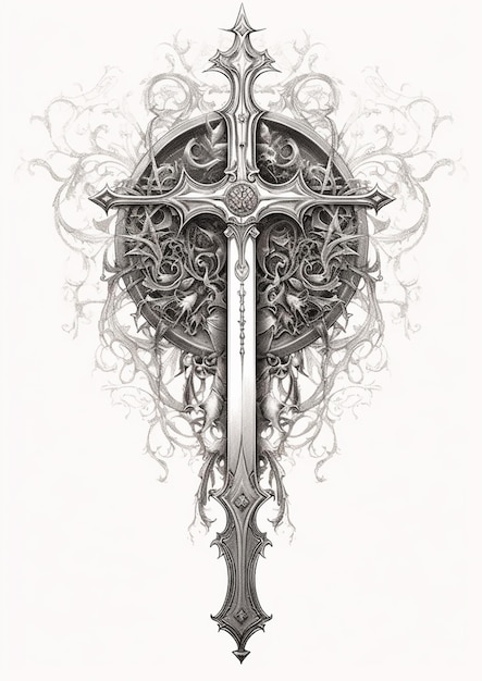 a drawing of a cross with a large ornate design on it generative ai