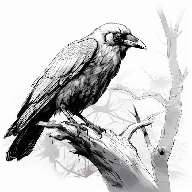 Photo a drawing of a crow on a tree branch