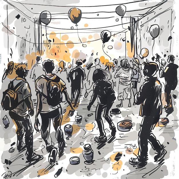 a drawing of a crowd of people walking through a crowded hall