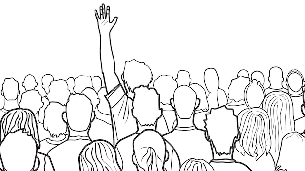 a drawing of a crowd with a hand raised up