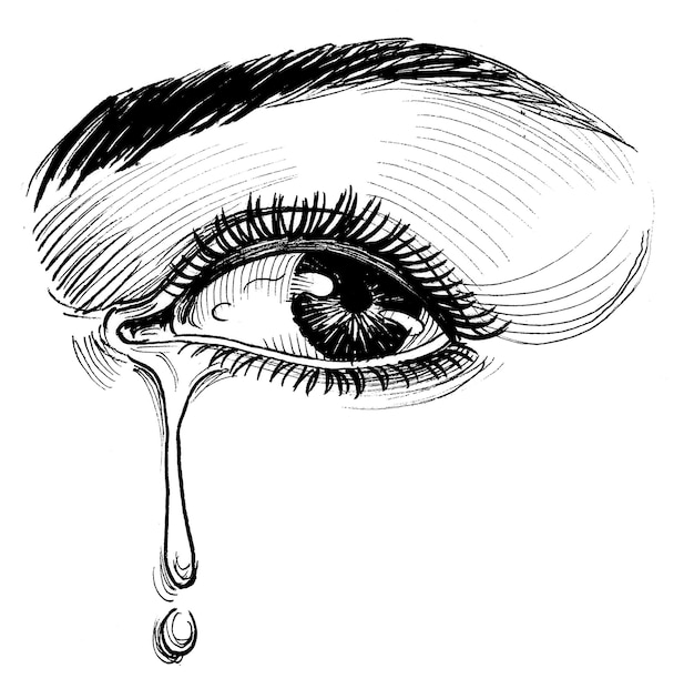 A drawing of a crying eye with a tear drop on it.