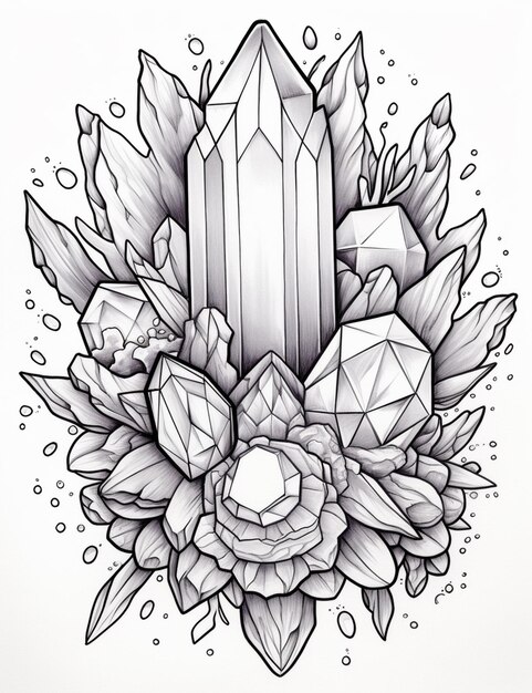 a drawing of a crystal surrounded by flowers and leaves generative ai