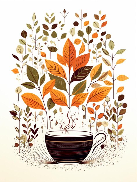 Photo a drawing of a cup of coffee and leaves