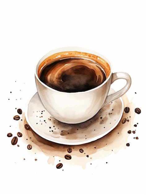 a drawing of a cup of coffee with coffee beans and coffee beans.