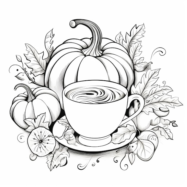 a drawing of a cup of coffee with a pumpkin and leaves generative ai