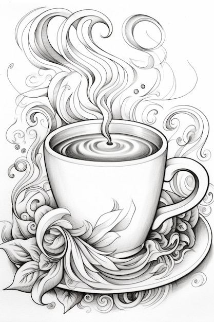 a drawing of a cup of coffee with a swirly design generative ai