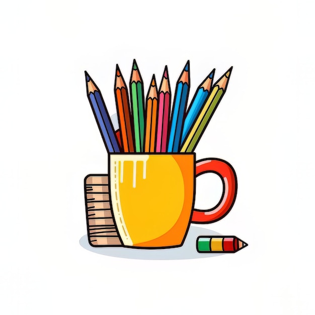 A drawing of a cup of colored pencils with a pencil on it.