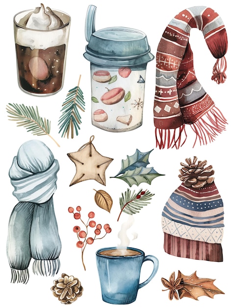 Photo a drawing of a cup with a hat and a scarf with a star on it