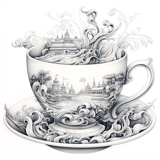 Photo drawing of a cup with a saucer and saucer with a picture of a city in the background generative ai