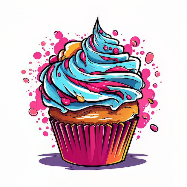 파란색 아이싱과 분홍색 반점이 있는 컵케이크의 그림입니다.