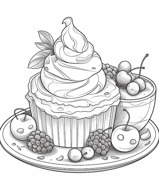 Photo a drawing of a cupcake with cherries and cherries on a plate generative ai