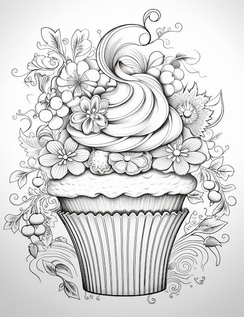 Photo a drawing of a cupcake with flowers and swirls generative ai