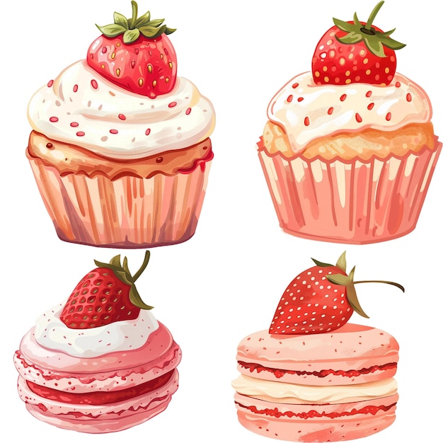 A drawing of cupcakes with strawberry