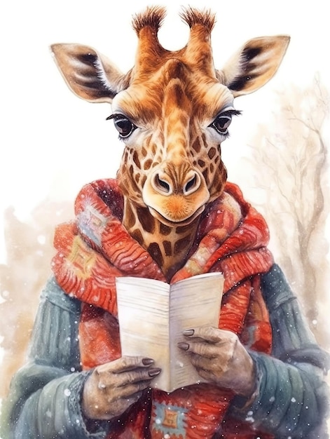 Photo drawing of a cute giraffe reading a book at his desk