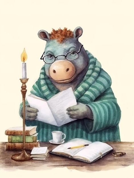 Photo a drawing of a cute hippopotamus reading a book at his desk