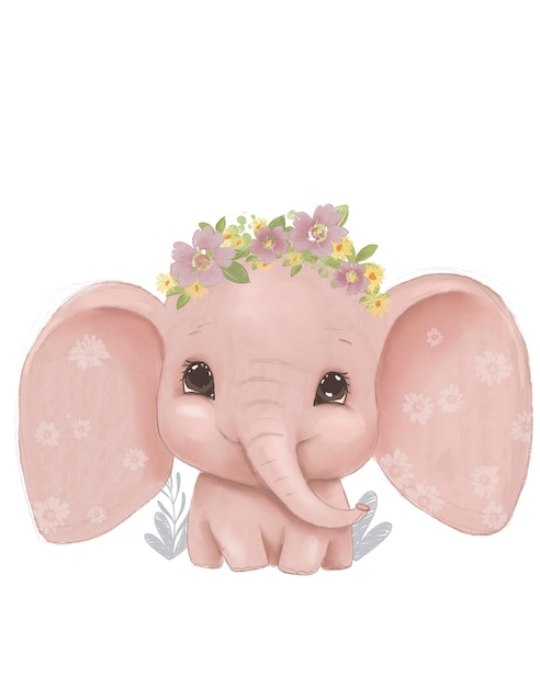 drawing of cute pink elephant with flower wreath and big eyes baby girl birthday