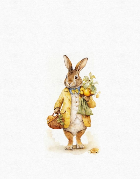 Drawing of a cute rabbit in yellow clothes with lemons summer adventures of a rabbit