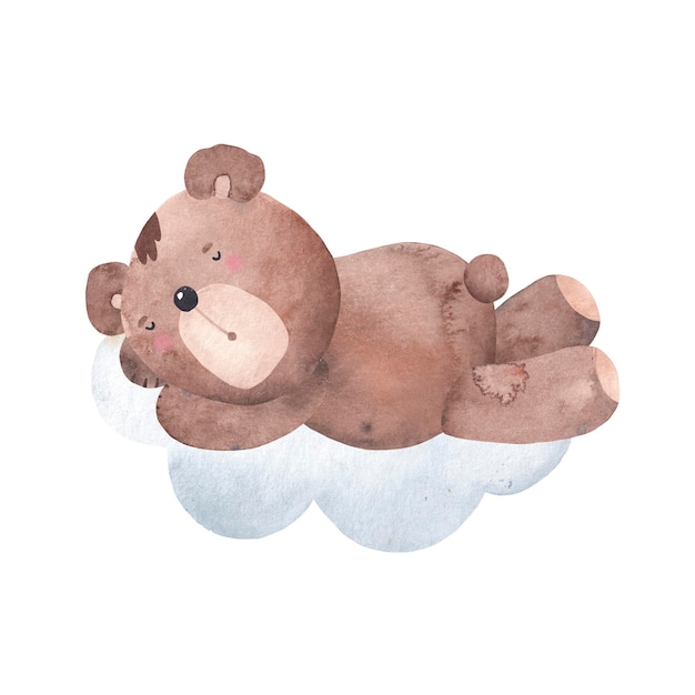 Drawing of cute sleeping bear on a cloud Watercolor illustration Can be used for baby shower or kid posters Isolated on white background