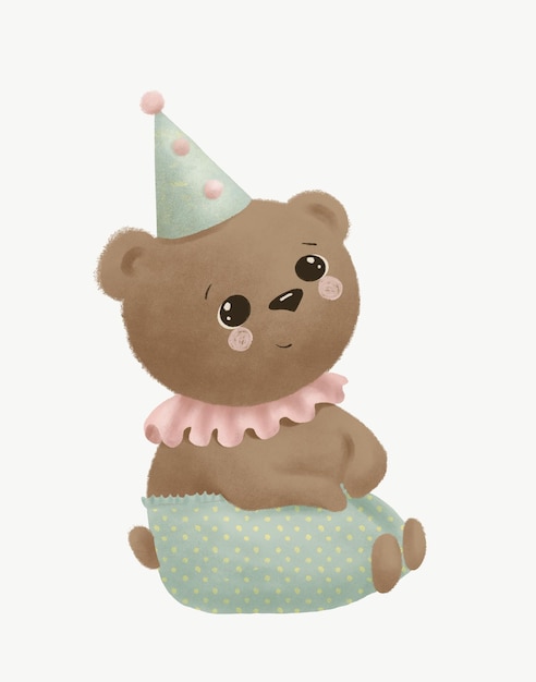 drawing of a cute teddy bear in a cap for a birthday card for children