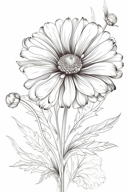 A drawing of a daisy with a stem and leaves.