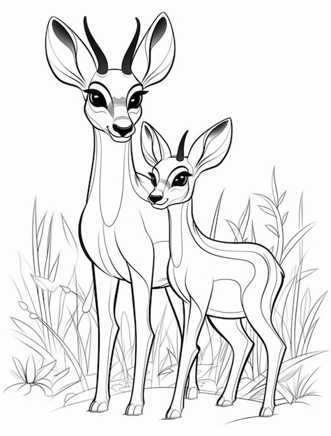 a drawing of a deer and a baby deer standing in the grass generative ai