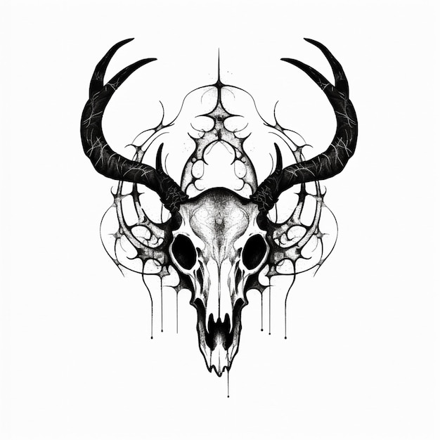 Photo a drawing of a deer skull with horns and a spider web generative ai