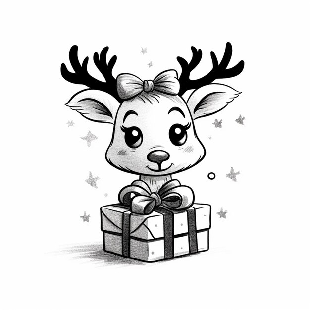 Photo a drawing of a deer with antlers and a bow holding a present generative ai