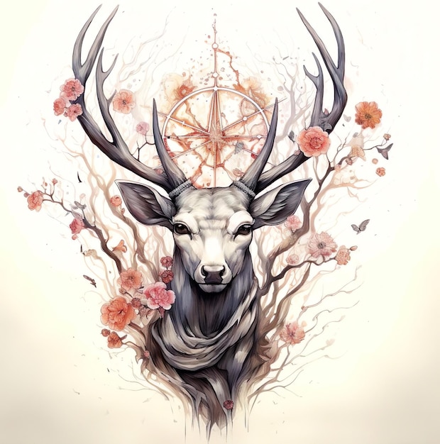 A drawing of a deer with antlers and flowers illustration Painting