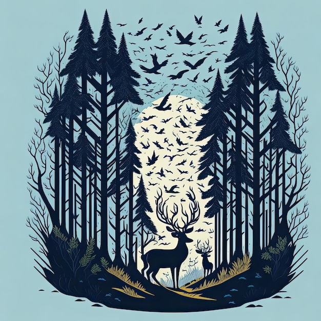 A drawing of a deer with a flock of birds on the background.