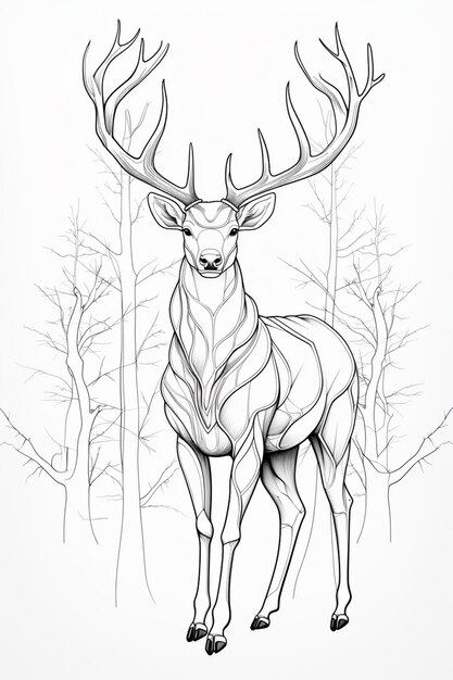 Photo drawing of a deer with a long antlers and a long neck generative ai