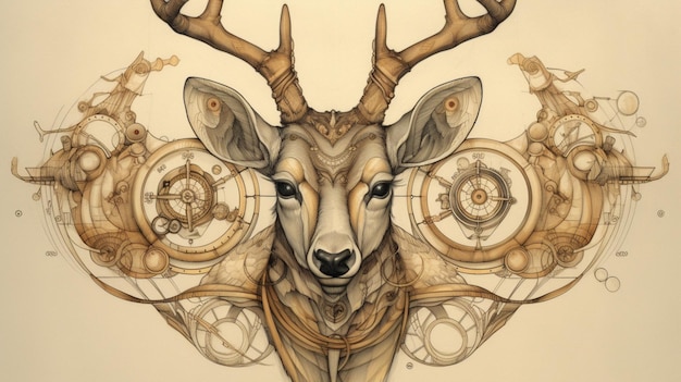 A drawing of a deer with a mechanical head