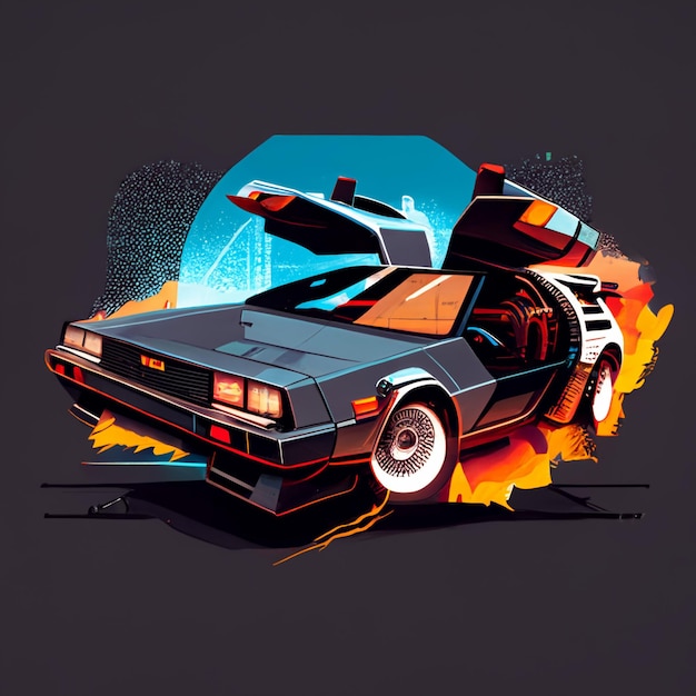 Photo a drawing of a delorean car with the back to the future logo on it.