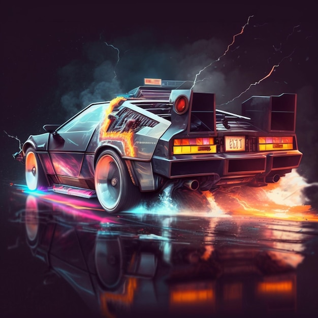 뒷면에 숫자 2가 있는 delorean 자동차 그림.