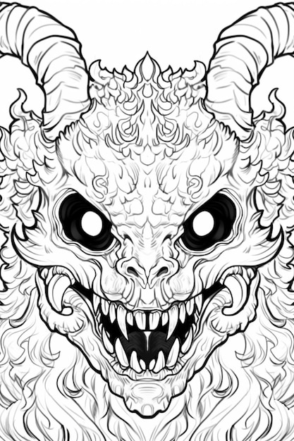 a drawing of a demon head with large horns and large fangs generative ai