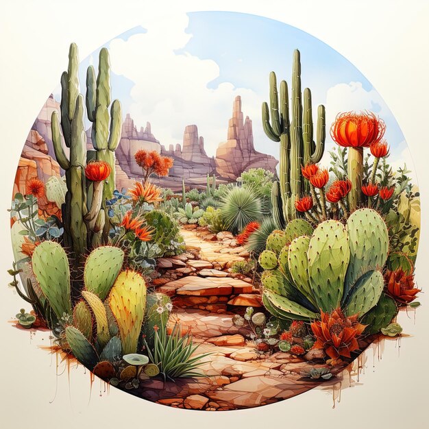 Photo a drawing of a desert landscape with cactus and cactus