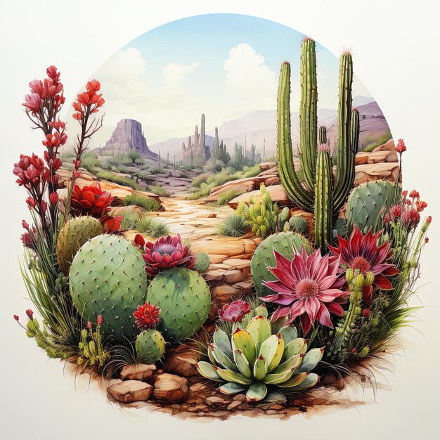 a drawing of a desert landscape with cactus and mountains in the background